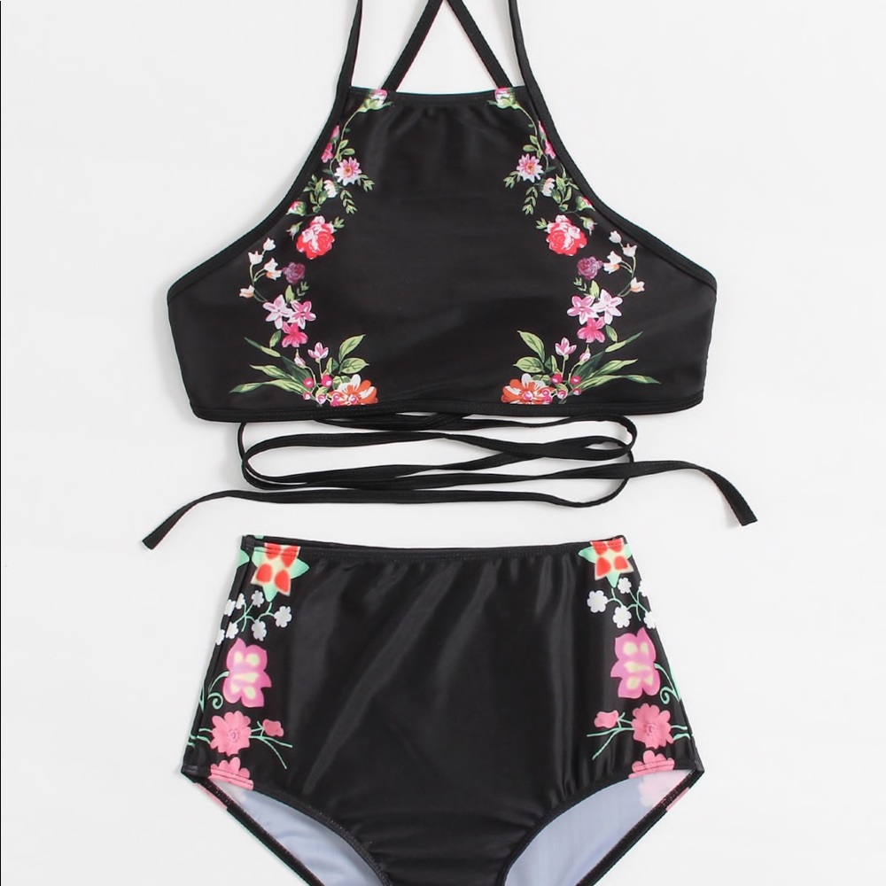 Criss Cross Floral Top With High Waist Bikini